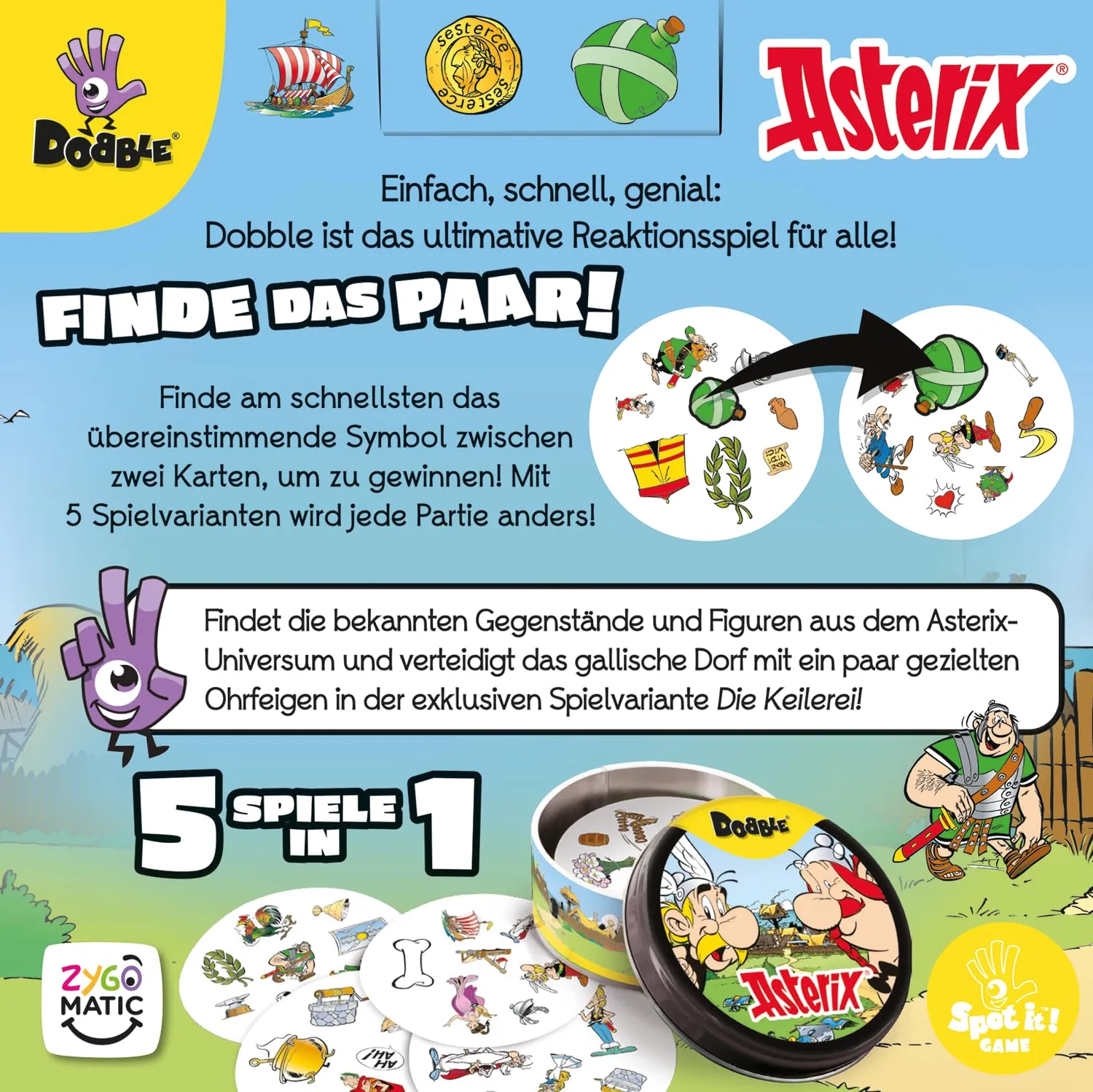 Dobble Asterix Familienspiel Kartenspiel Metalldose