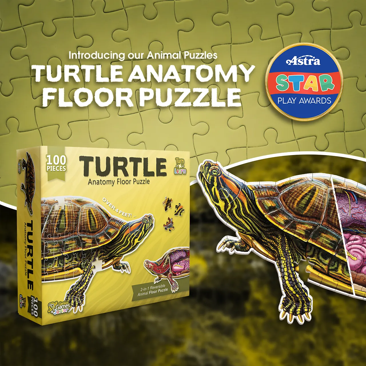 Genius Games Pond Slider Schildkröte Bodenpuzzle 100 Teile 2-seitig