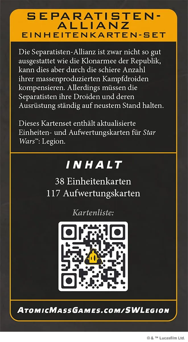 Asmodee Star Wars Legion Separatisten Einheitenkarten-Set 155 Karten