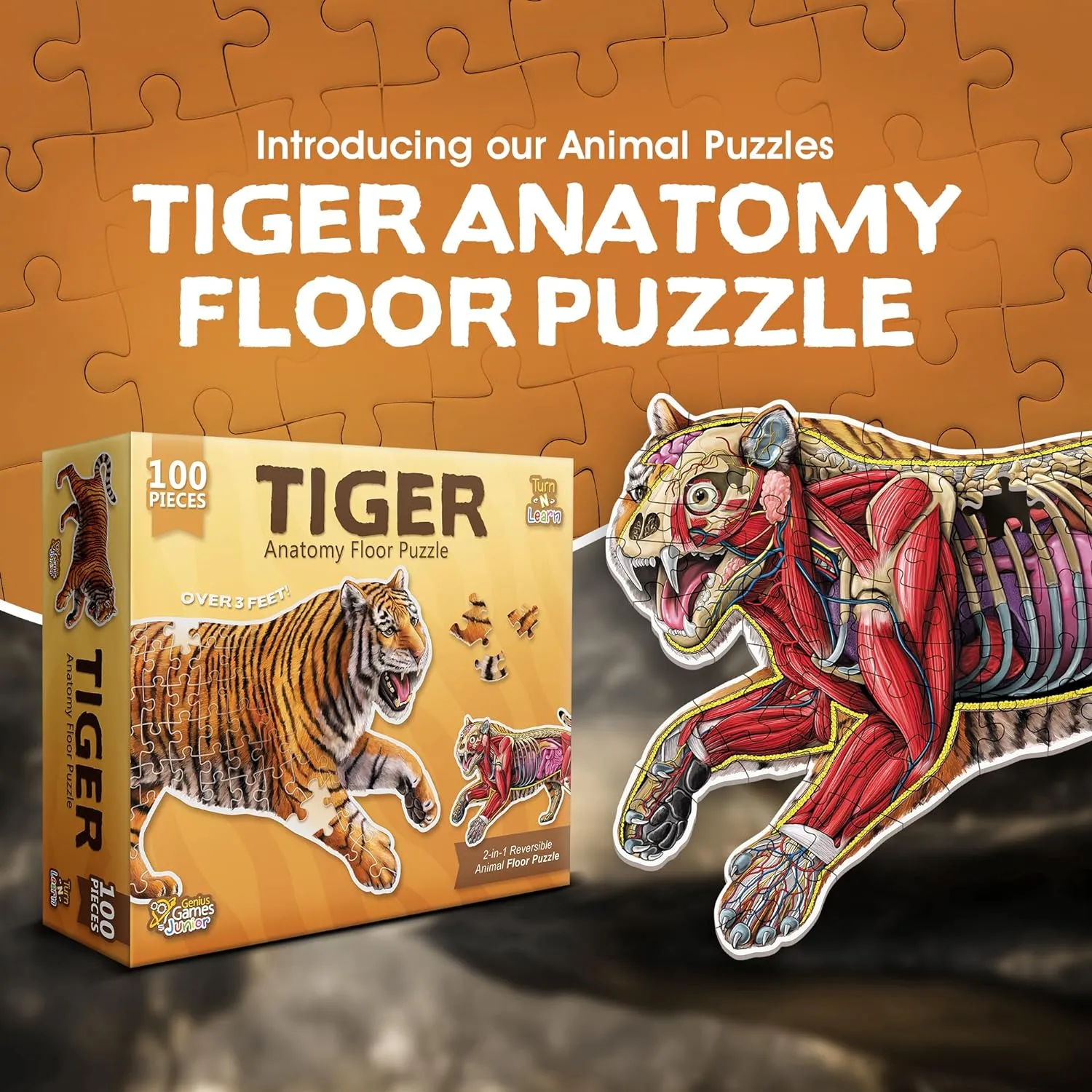 Genius Games Turn N Learn Tiger Bodenpuzzle 100 Teile doppelseitig