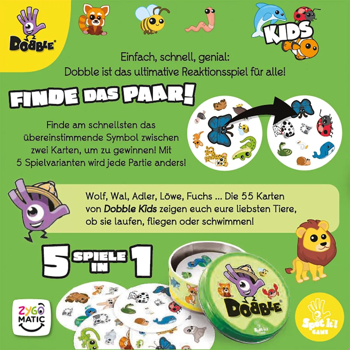 Asmodee Dobble Kids Kartenspiel Eco-Sleeves Tiermotive