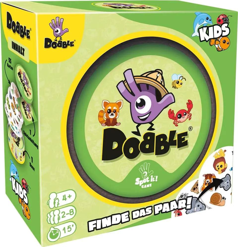 Asmodee Dobble Kids Kartenspiel Eco-Sleeves Tiermotive