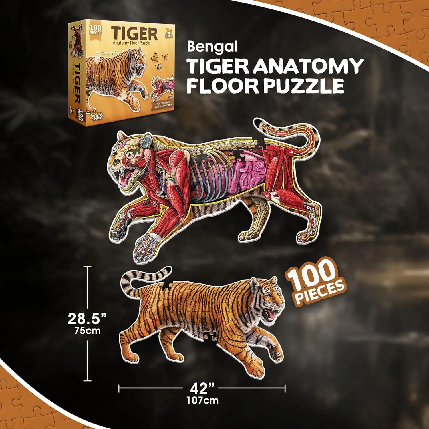 Genius Games Turn N Learn Tiger Bodenpuzzle 100 Teile doppelseitig