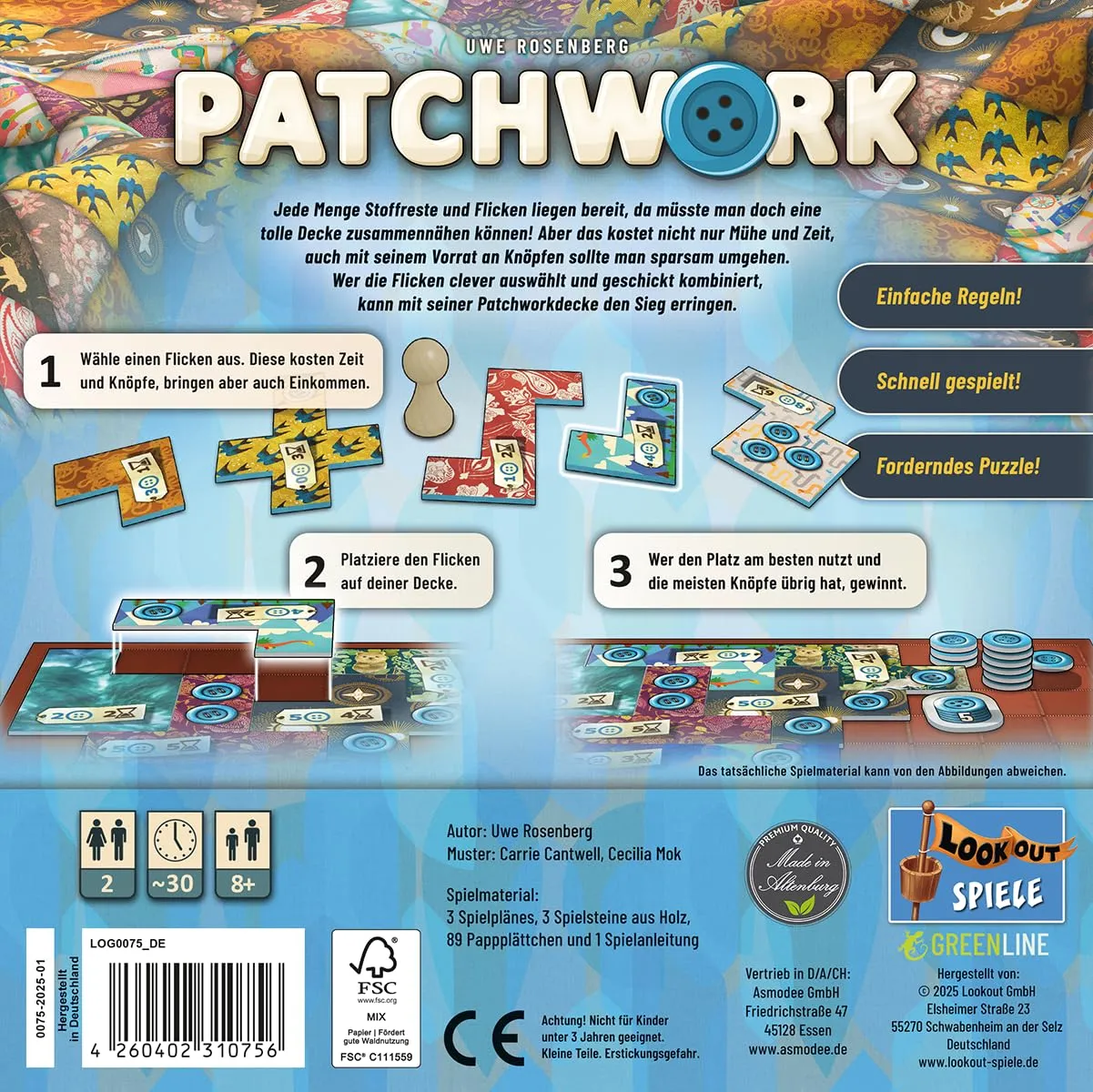 Lookout Patchwork Brettspiel 2 Spieler Uwe Rosenberg