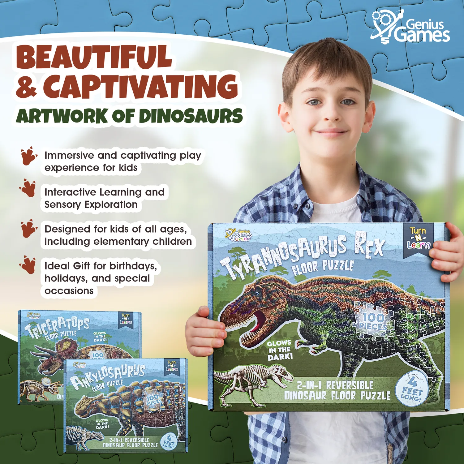 Genius Games Dinosaurier Puzzle Set 3x100 Teile glow