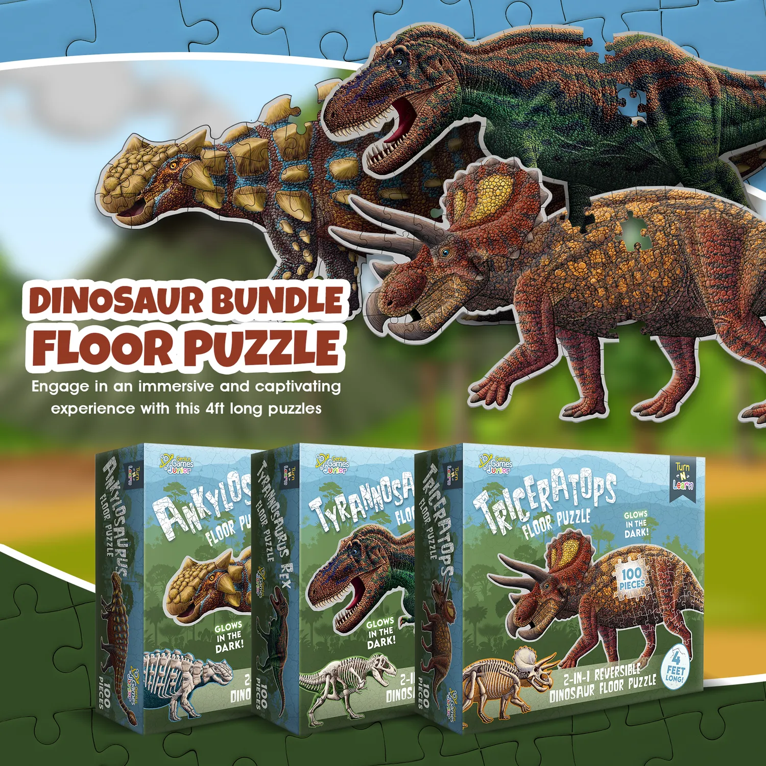 Genius Games Dinosaurier Puzzle Set 3x100 Teile glow