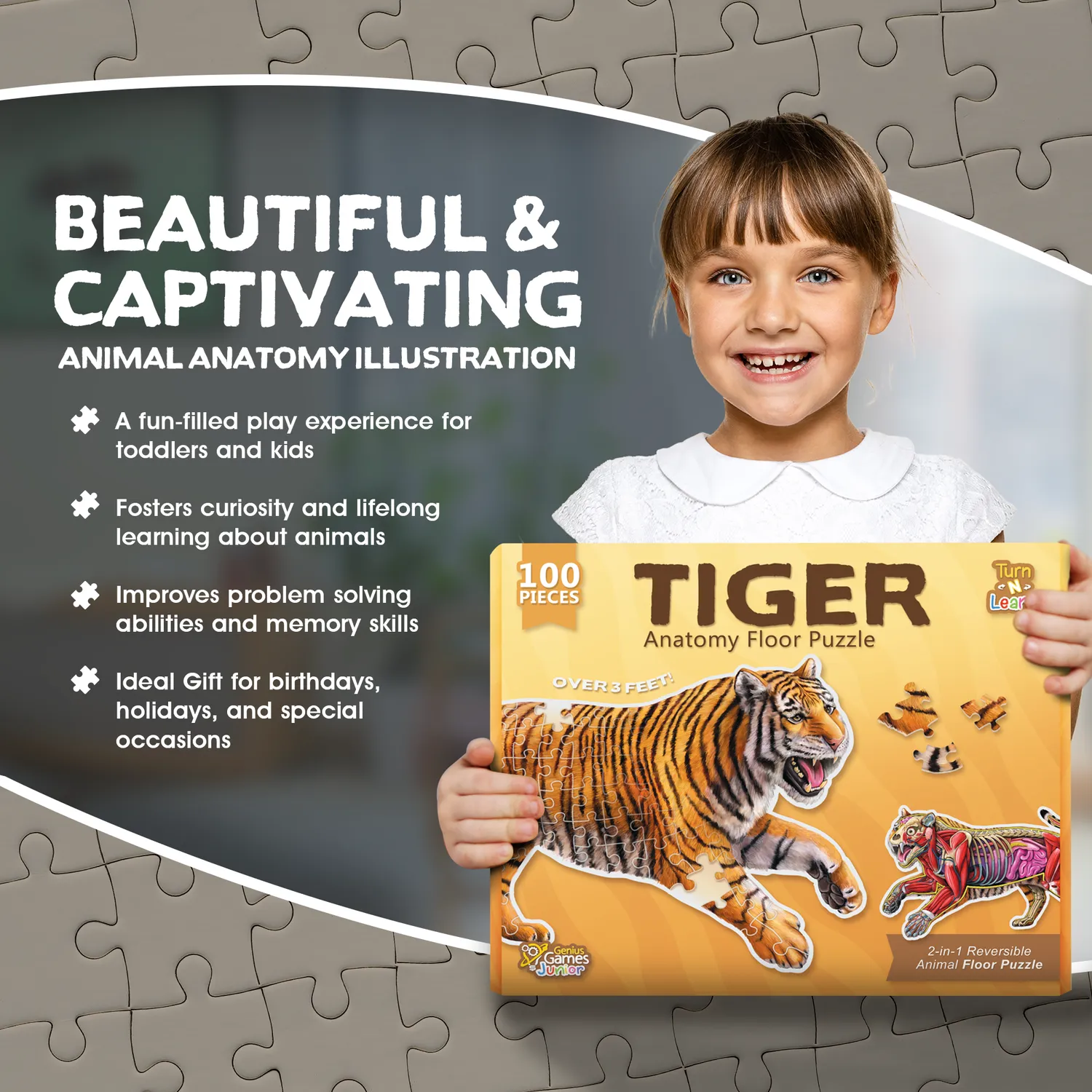 Genius Games Tiger Hai Eule Bodenpuzzle 3x100 Teile Set