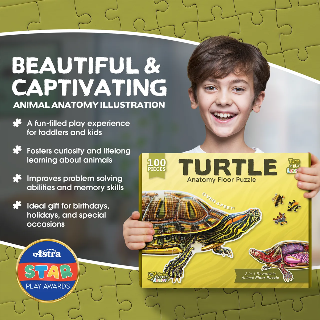 Genius Games Pond Slider Schildkröte Bodenpuzzle 100 Teile 2-seitig