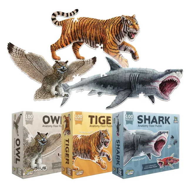 Genius Games Tiger Hai Eule Bodenpuzzle 3x100 Teile Set