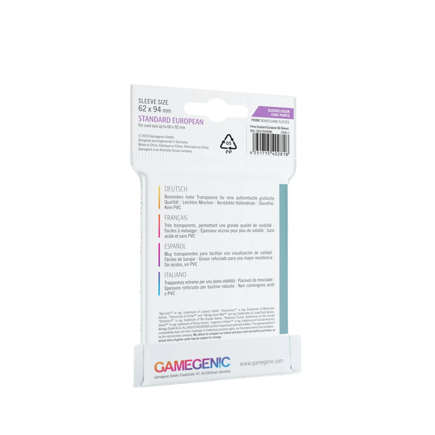 Gamegenic Prime Standard European Kartenhüllen transparent 50 Stück