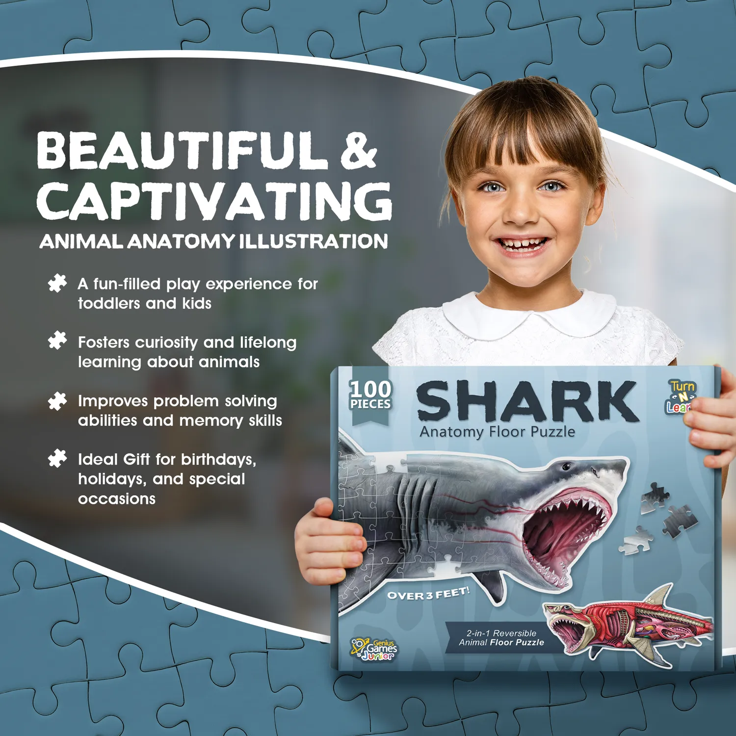 Genius Games Turn N Learn Hai Bodenpuzzle 100 Teile doppelseitig