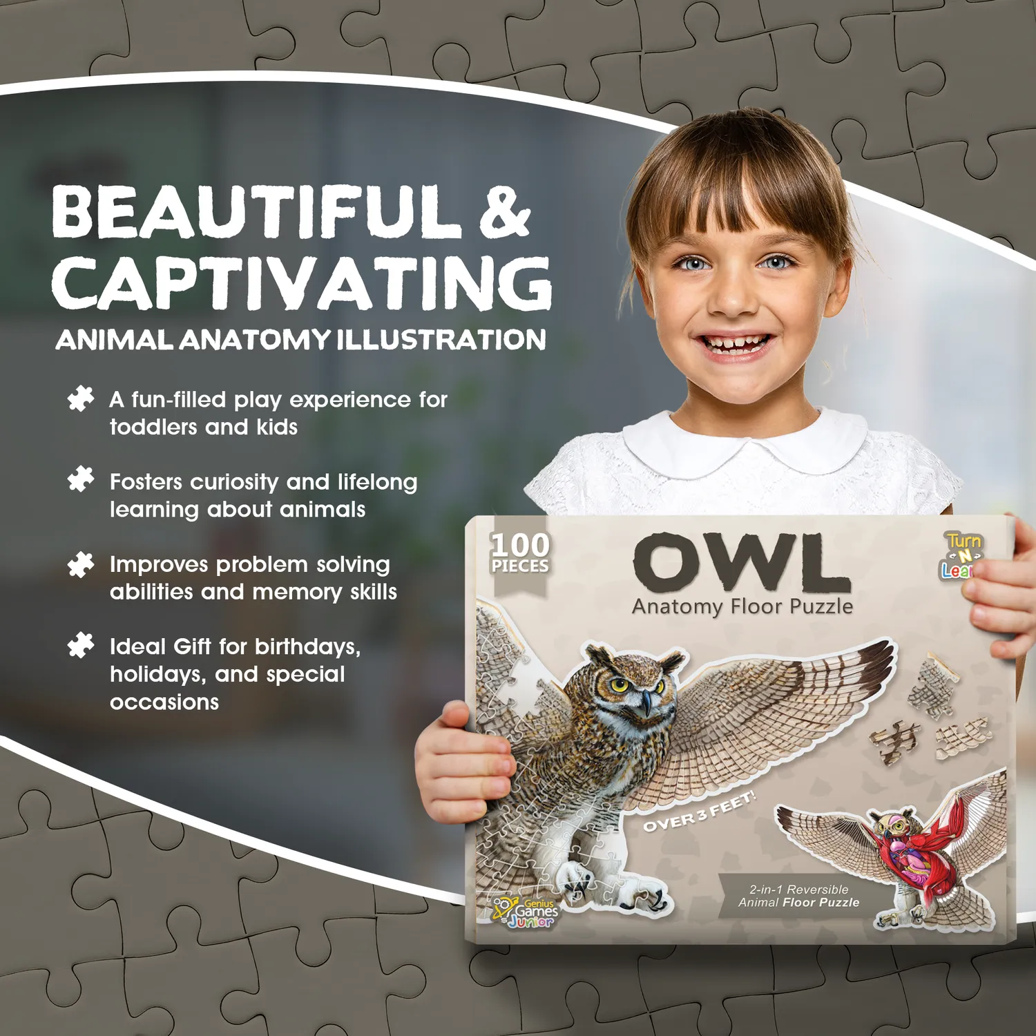 Genius Games Turn N Learn Eule Bodenpuzzle 100 Teile doppelseitig