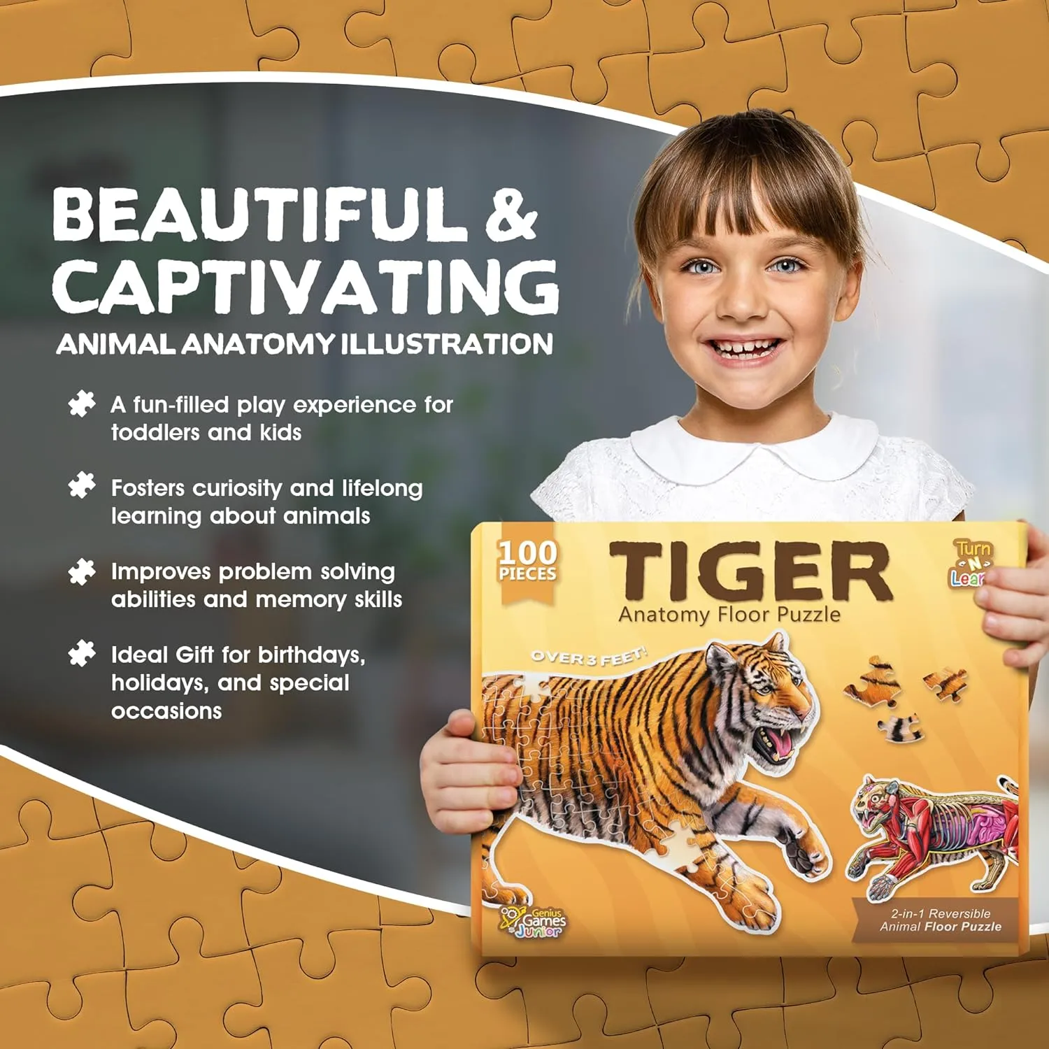 Genius Games Turn N Learn Tiger Bodenpuzzle 100 Teile doppelseitig